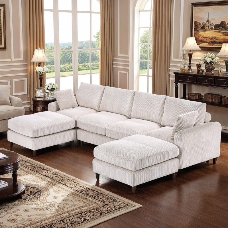 Modular Convertible Sectional Sofa Couch With Ottoman, Beige Corduroy