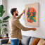 Potted Saguaro in Teal Geometric - Wrapped Canvas-440788799-440788795