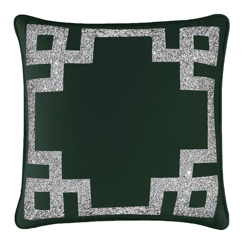 Coussin Sparkles Home Bordure argentée en strass | Velours | 16 x 16 po, Velours émeraude
