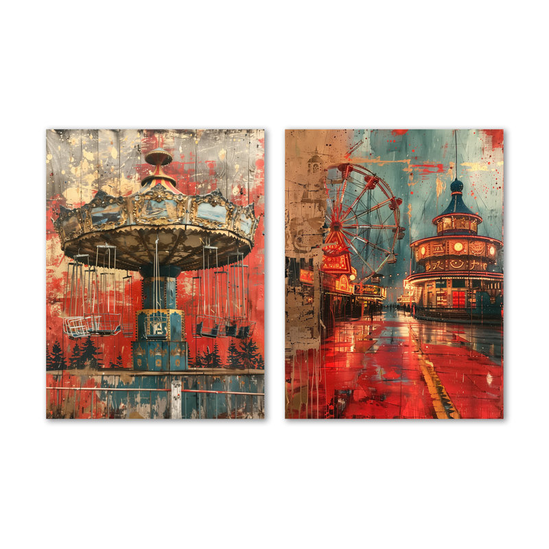 Carrousel rétro rouge et bleu, parcs d'attractions I - Carnaval, ensemble de 2 décorations murales en métal, 32" H x 48" W
