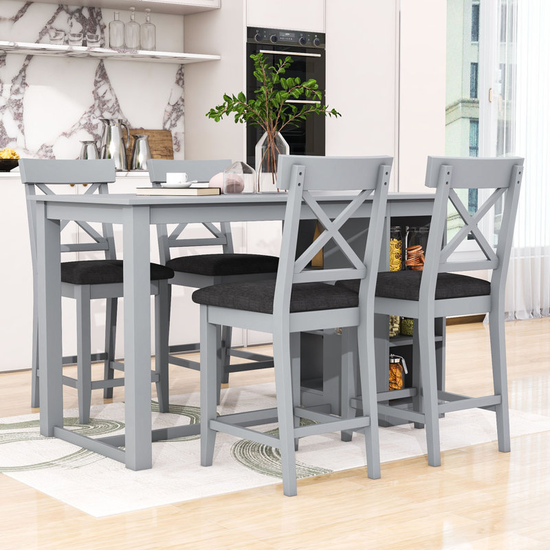 Devra 5-Piece Dining Set, Counter Height Wooden Table with 3-Tier Storage and Upholstered Chairs, Grey