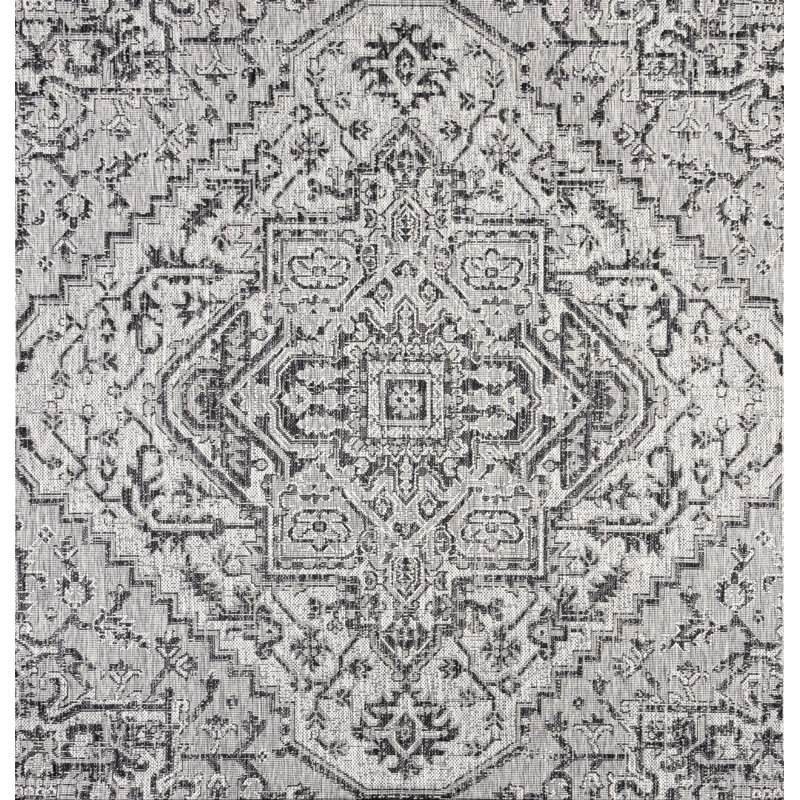 Truman Bohemian Medallion Textured Weave Black/Gray Indoor/Outdoor Rug, Square 7'9"