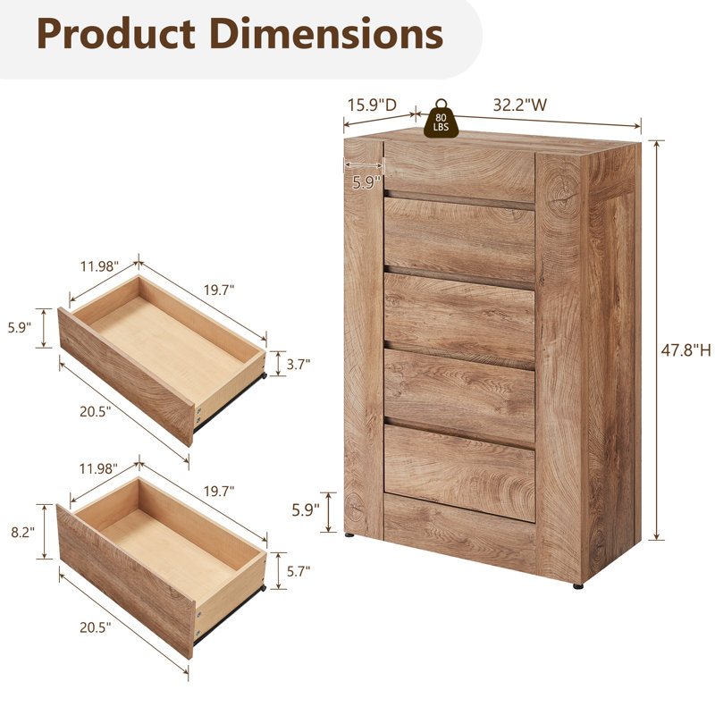 Commode 5 tiroirs, commode moderne sans poignée, Light Knotty Wood