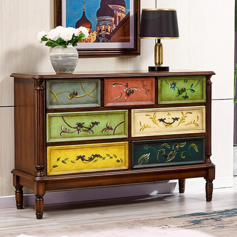 Armoire d'appoint de rangement en bois massif à 7 tiroirs en noyer foncé foncé, L 46,85 po x P 14,57 po x H 31,1 po
