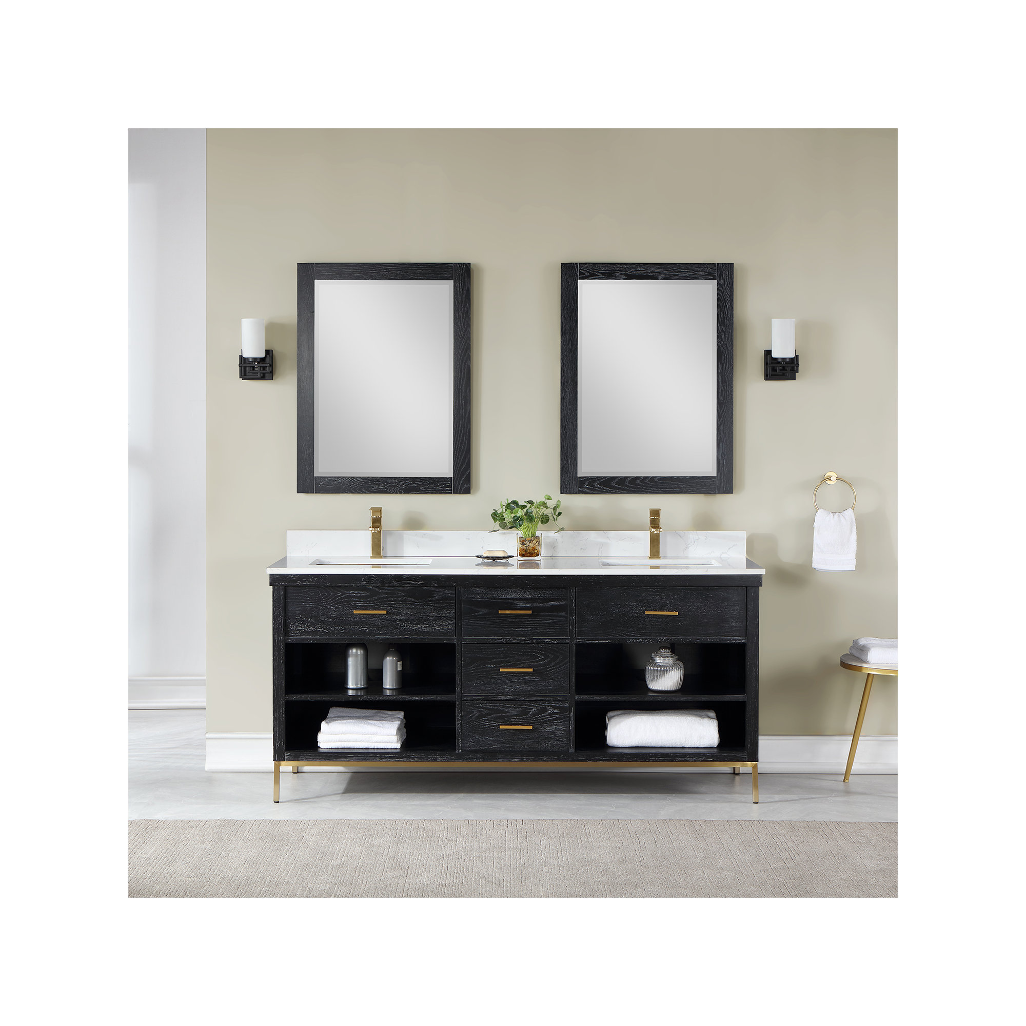 Kesia 72'' Double Bathroom Vanity, Gold, Black
