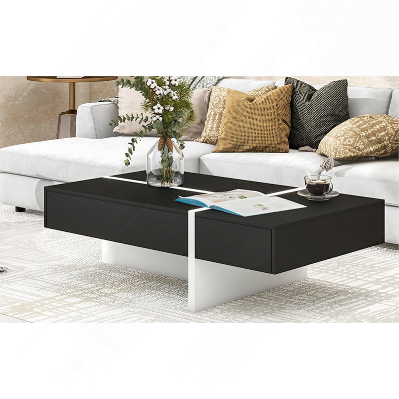 Mobilier de salon contemporain de conception rectangulaire, table basse moderne à surface ultrabrillante, table centrale pour canapé ou fauteuils rembourrés, 45,2 x 25,5 x 13,7 po, noir