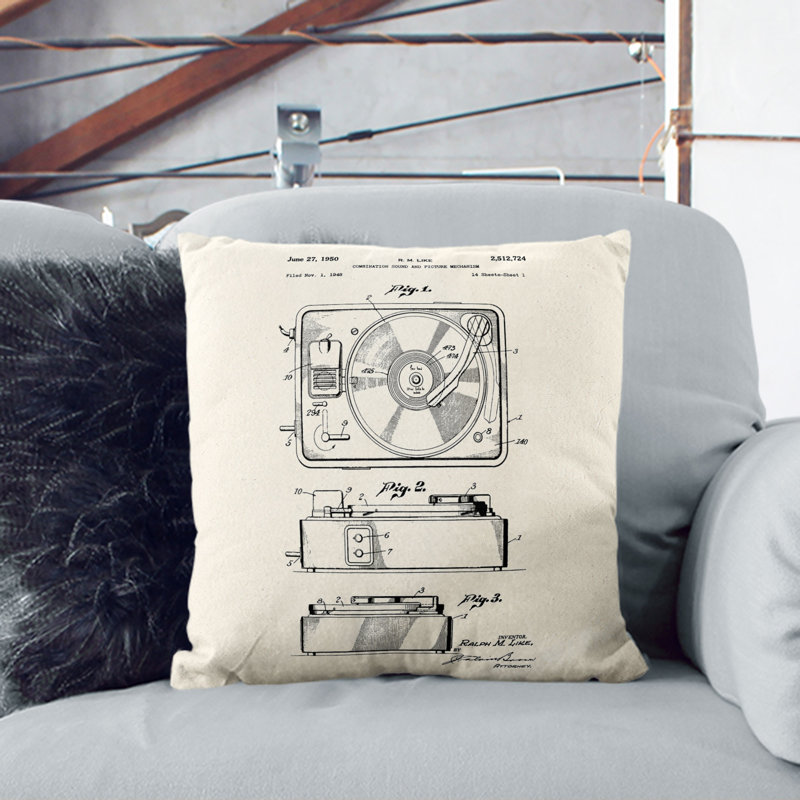 Record Player Patent Square Throw Cushion, 40cm H x 40cm W x 15cm D