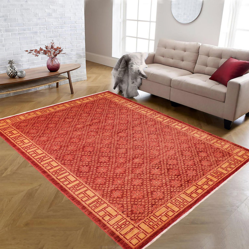Tapis rouge / brun clair en laine noué à la main à motif floral fait à la main Madelayne