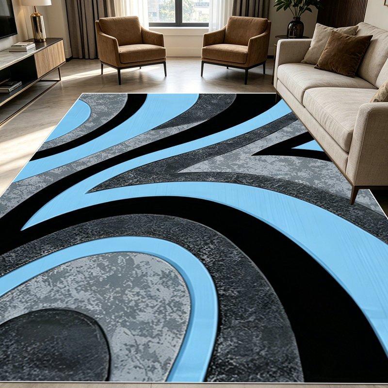 1PC Modern Blue Black Grey Geometric Swirl Abstract area rugs for Living Room, Soft and Comfortable, Suitable for all seasons, easy-to-maintain, machine washable Indoor floor mat, Under Table Farmhouse suitable for dining room, bedroom, entryway,