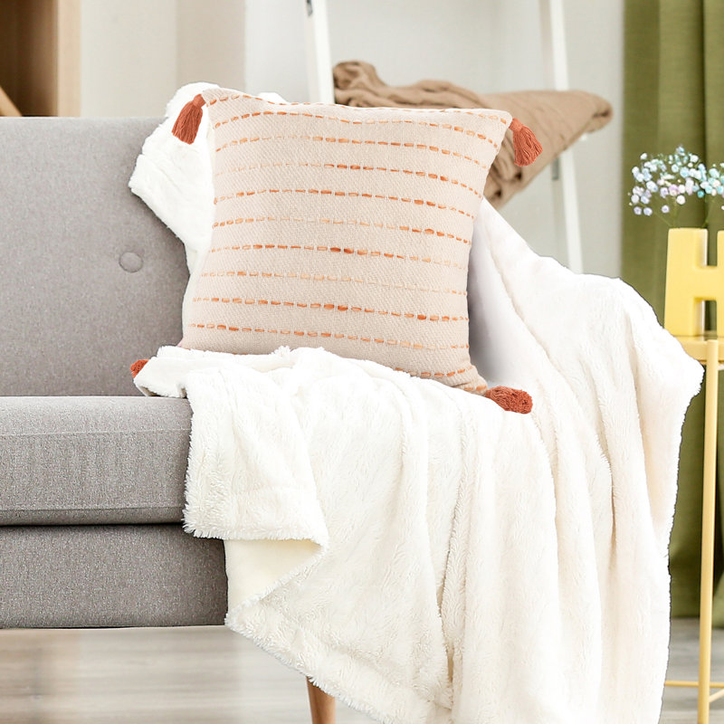 Housse et insert de coussin carré en mélange de coton Hainsly, Corail / Naturel, Housse de coussin seulement - sans coussin