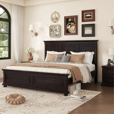 King Size Bed With Tall Headboard, And  Footboard, USB Charging Station, Pinewood Bed With Strengthened Bed Frame,Rich Brown