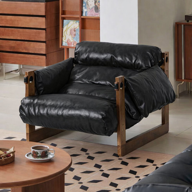 Large fauteuil d'appoint rembourré en similicuir avec structure en bois massif, Black