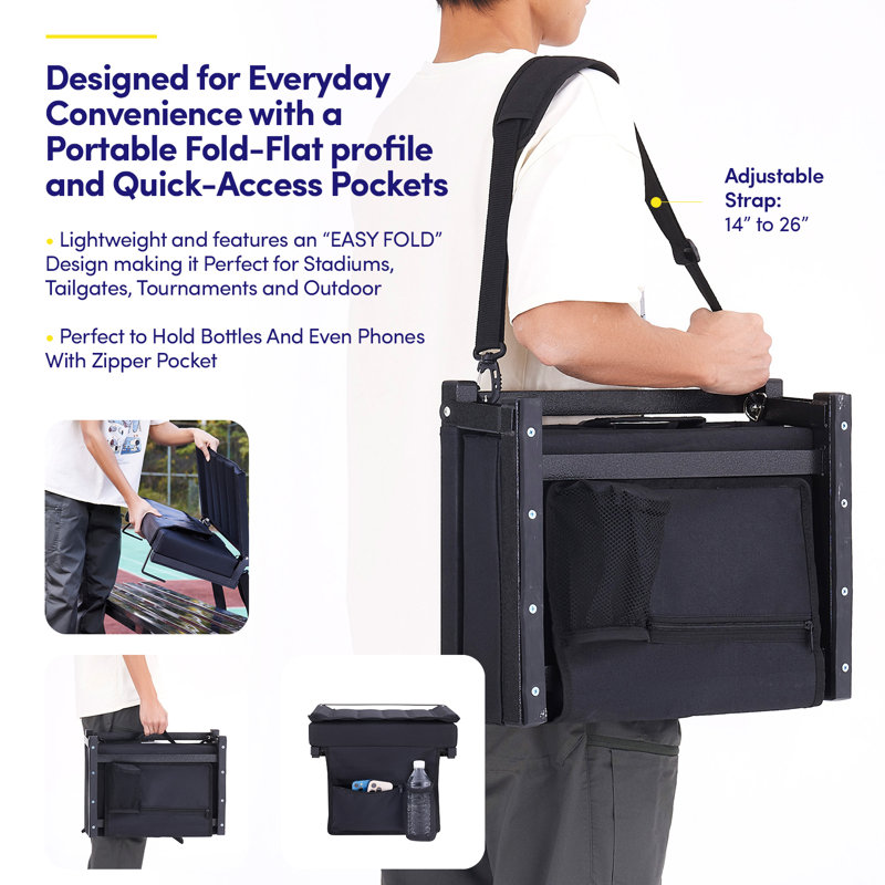 Portable Stadium Seat For Bleachers With Back Support, Folding Bleacher Chair With Cup Holder And Shoulder Strap Black