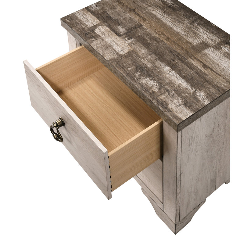 Table de chevet 1 pièce, 2 tiroirs, finition brune patinée, style contemporain, poignée traditionnelle à anneau, plateau en bois flotté vieilli, H 23,6 po x 16 po x 25 po