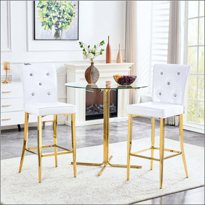 Modern 3-Piece Bar Height Dining Set, Clear Round Glass Table with Metal Base & 2 Upholstered Bar Stools with Crocodile Pattern, Kitchen Island Breakfast Nook Set