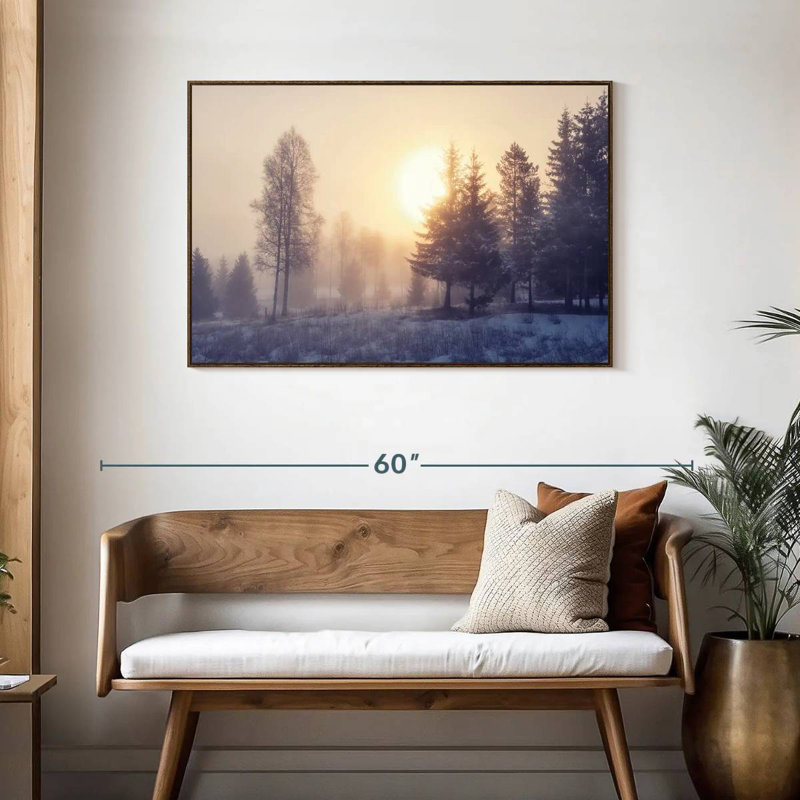 Aube d'hiver, 43 po x 29 po, Cadre flottant noyer
