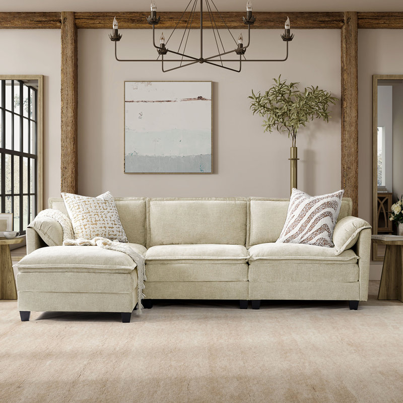 Herrick 108"W Modern Elephant Ear-Shaped Armrests Sectional Sofa with Ottoman, Beige Polyester