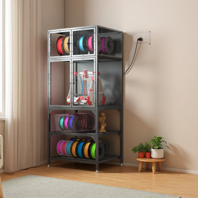 Armoire pour imprimante 3D avec support de rangement pour filament pour imprimante 3D à double couche, barre de filament en forme de T et anti-bruit, conception anti-poussière, convient pour le studio, le rangement de bureau et l'organisation