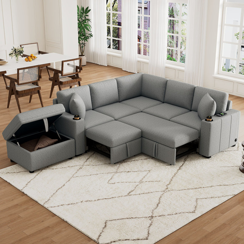 Canapé modulaire convertible en L 84,7 po Canapé-lit escamotable en L avec repose-pieds mobile, Gris