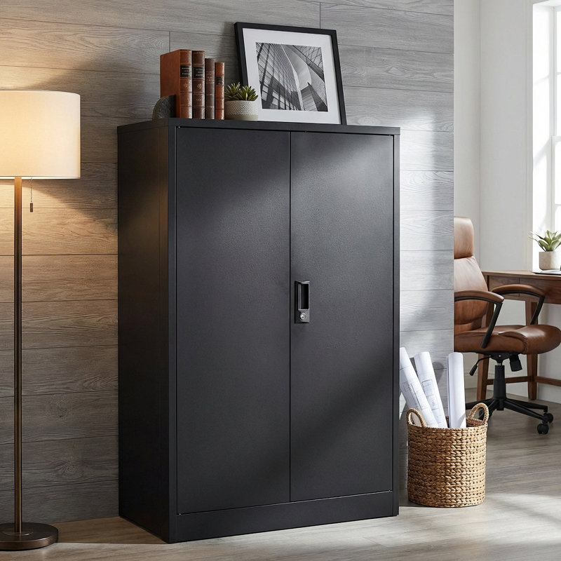 Locking Metal Storage Cabinet with Adjustable Shelf, Folding Locker for Home Office, Garage, or School Use, Black