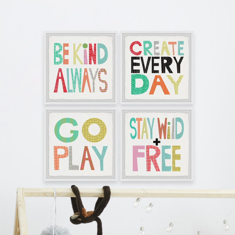 Fontaine Be Kind Always, ensemble de 4 reproductions encadrées, H 32 po x l 32 po x P 1,5 po, Cadre blanc