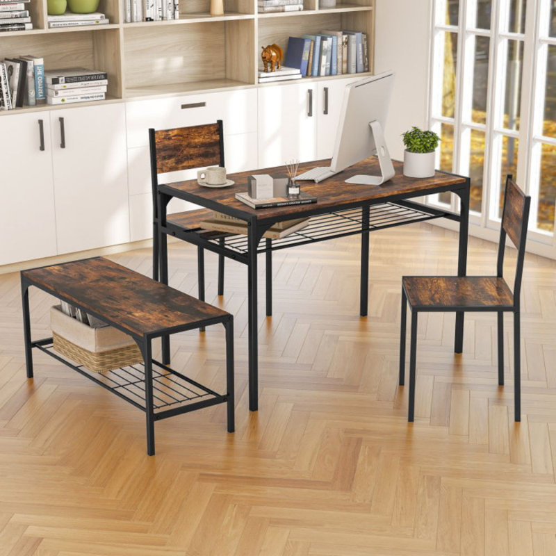Industrial Style Rectangular Kitchen Table With Bench And Chairs, Brown, Rustic Brown