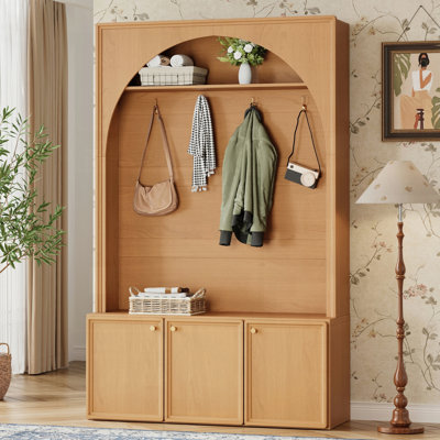 Arbre d'entrée tout-en-un ON-TREND Farmhouse avec tablettes réglables, banc de rangement rétro pour hall d'entrée et 3 armoires