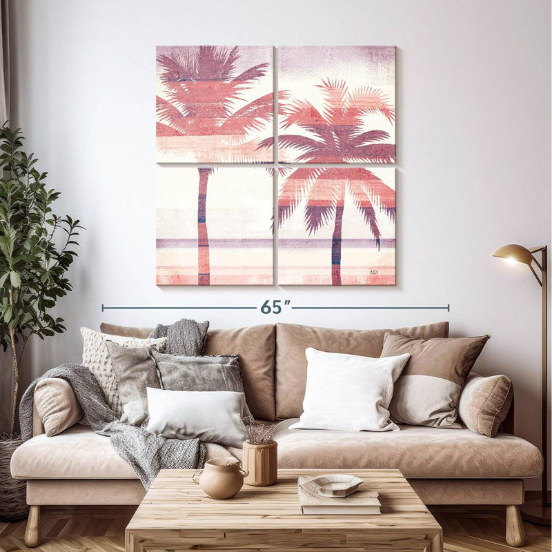 Harnek, paysage de plage, palmiers, rose, mauve, H 45 po x l 45 po