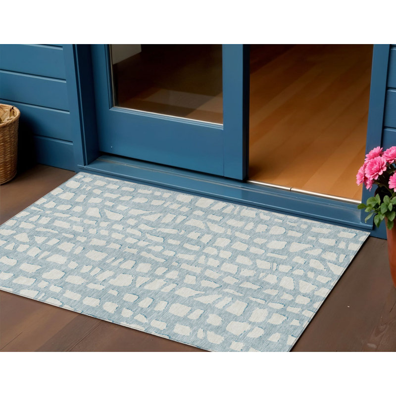 3' X 5' Sky Blue And Ivory Abstract Washable Indoor Outdoor Area Rug