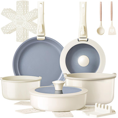 Ceramic Pots and Pans Set Non Stick, Non Toxic Cookware Set with Removable Handles, 18 Pcs Healthy Kitchen Cooking Set, Induction Ready, Dishwasher & Oven Safe, PFAS PFOA & PTFE Free