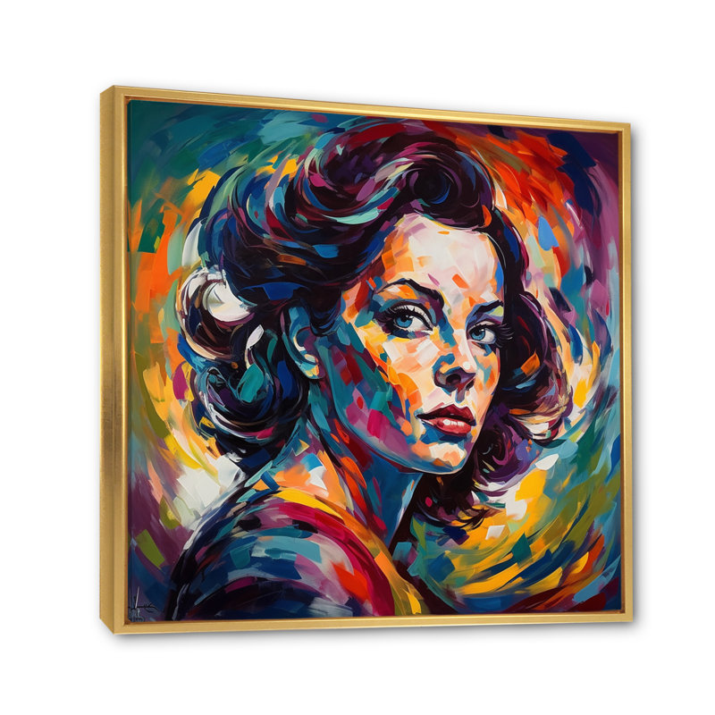 Portrait de femme pop art II, Cadre flottant doré, H 16 po x l 16 po x P 1 po