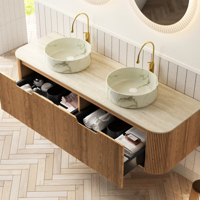 Meuble-lavabo de 60 po avec lavabo 60 po, armoire flottante avec tiroirs, 2 vasques rondes en céramique blanches, finition rayée 3D, grand espace de rangement en contreplaqué haute résistance, armoire, pierre préassemblée