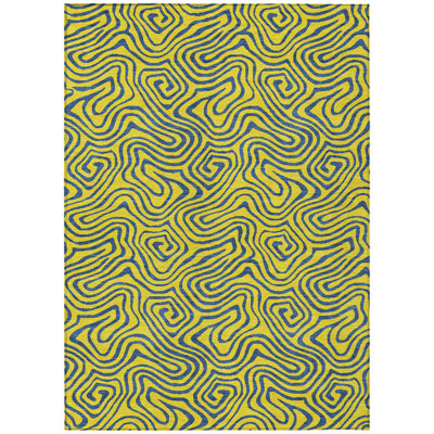 5' X 8' Yellow And Blue Abstract Washable Indoor Outdoor Area Rug