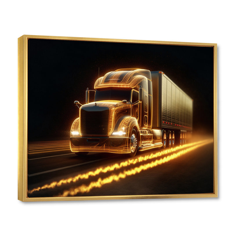 Camion jaune semi-néon sur toile, H 30 po x l 40 po x P 1,5 po, Cadre flottant doré