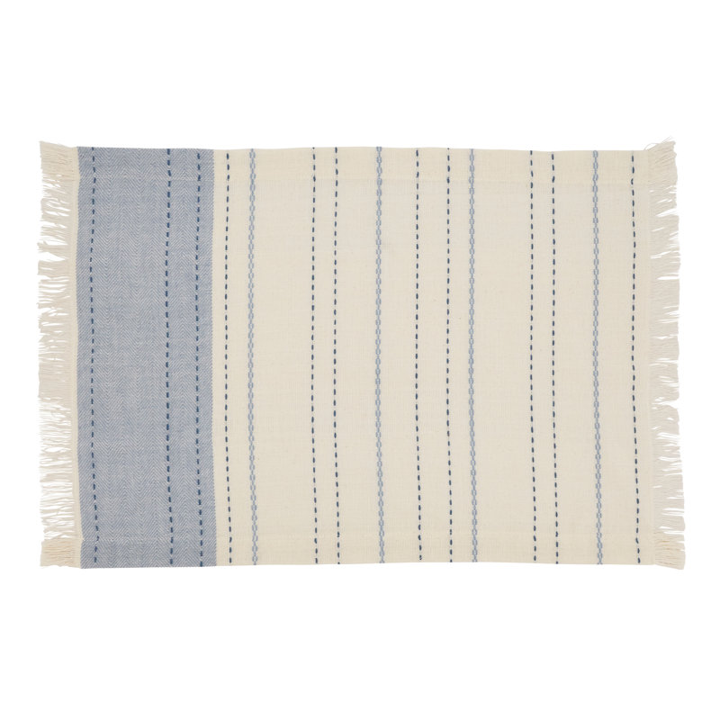 Light Blue and Beige Cotton Striped Rectangle Placemats, Set of 4