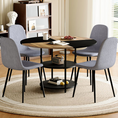 Modern Splicing Table And Chair Collection - 47.3-inch Diameter With Double Storage Compartments, 4 Black Chairs Metal Legs Dining Storage,