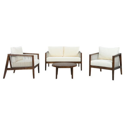 Ensemble de conversation 4 pièces en bois d'acacia, cadre brun foncé avec panneaux tissés en corde, 2 fauteuils + causeuse + table basse pour terrasse de jardin, coussins beiges