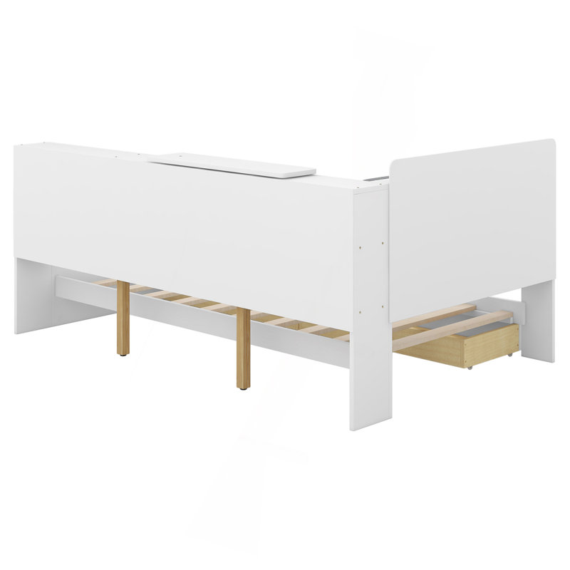 Lit plateforme simple en bois avec tête de lit avec rangement, tablettes et 2 tiroirs, blanc