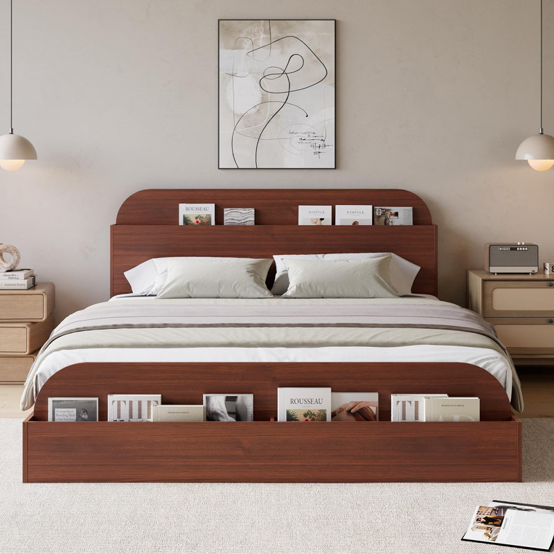 Bed Frame with Storage Headboard and Footboard, Low Platform Bed for Bedroom, No Box Spring Needed, Red, Queen