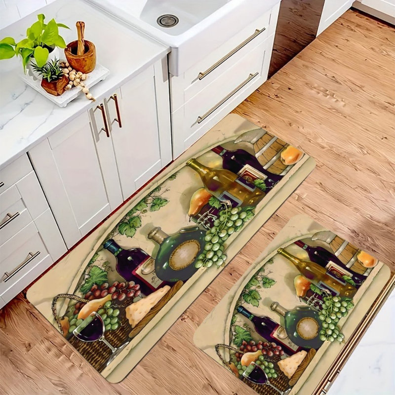 2 PC Wine Fruit Pattern Beige Brown Kitchen Pantry Kitchen Mats Set