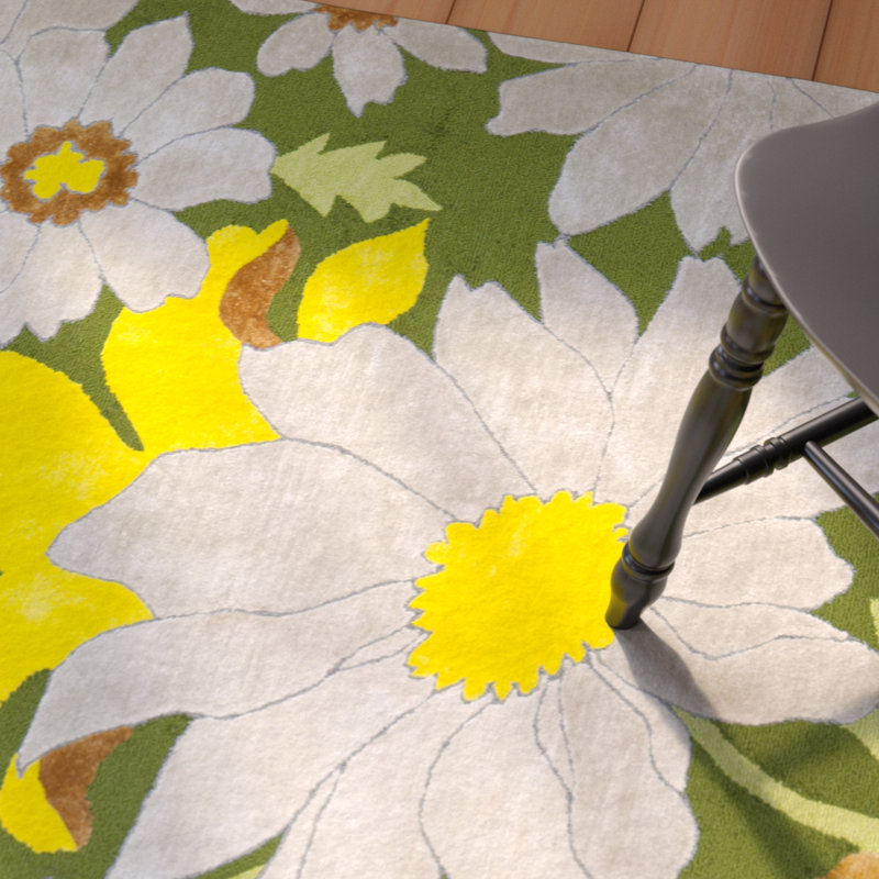 Tapis jaune / vert en laine crocheté à la main Pipers, Rectangle 5 pi x 8 pi