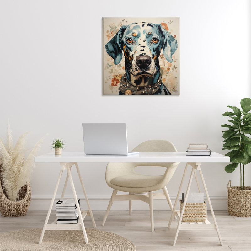 «Dog Portrait with Paint Splatter», art mural par Roozbeh Bahramali, H 30 po x l 30 po