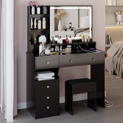 41" Large Size Left Drawer Desktop Vanity Table+Cushioned Stool Dresser Set, 2 AC+2 USB Power Station, Hair Dryer Stand, Extra Large Touch Control LED Mirror, 3-Color Switch, EPA, GCC, UL Certificate