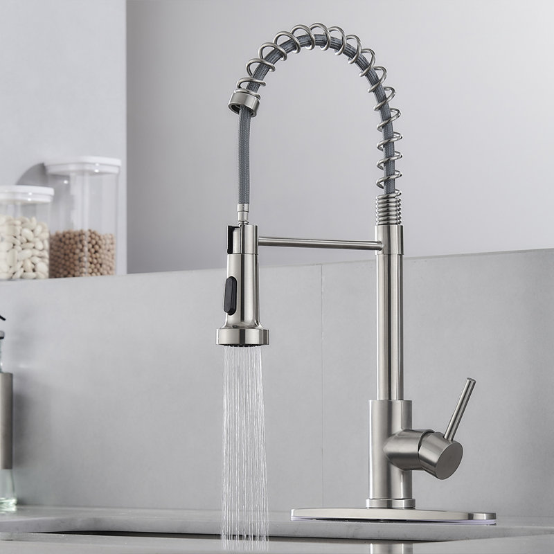 Robinet de cuisine escamotable en acier inoxydable brossé W1Cf265Cl-BS avec pulvérisateur à billes anti-torsion avec corps / poignée / tuyau SUS304, installation facile et plaque de recouvrement de 10 po