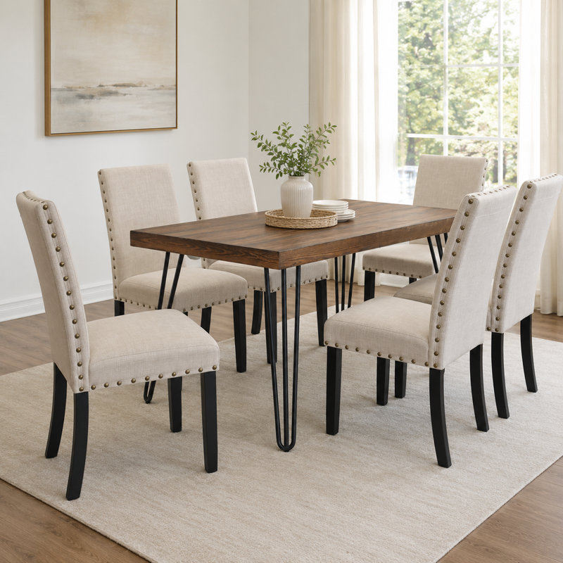 Cet ensemble de mobilier de salle à manger de sept pièces comprend une table en forme d'épingle et six chaises de salle à manger
