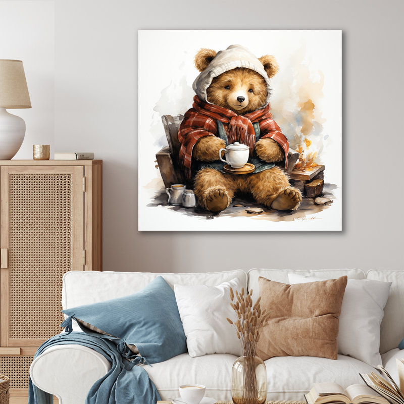 Cozy Teddy Bear chocolat en hiver I - art mural de l'ours en peluche, Toile tendue, H 16 po x l 16 po x P 1 po