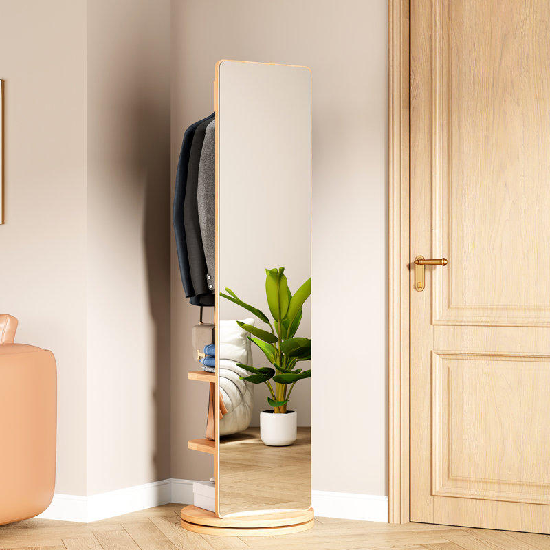 360 Rotating Full - Length Solid Wood Mirror With Hook Storage And Hanger, Ideal For Corridor Coat Rack Hook, Cloakroom