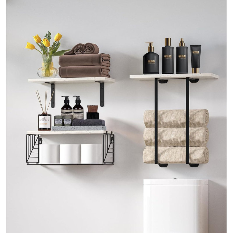 Floating Shelves with Wire Storage Basket, White