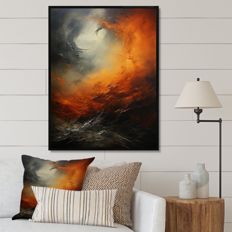 Lauana " Orange Storm Force Of Nature I ", 32" H x 24" W x 1" D, Black Floater Framed