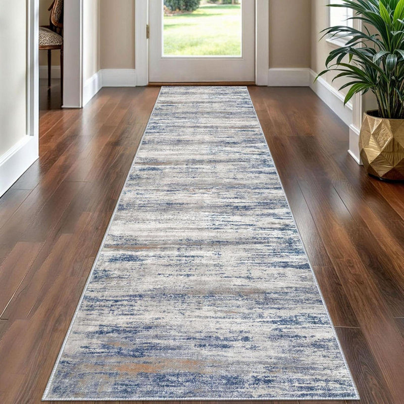 Modern Abstract Washable Rug Runner  Hallway Runner Rug Non-Slip Soft Kitchen Runner Rugs, Print Distressed Grey-Blue Striped Carpet Runner For Entryway Bathroom Laundry Room Foyer